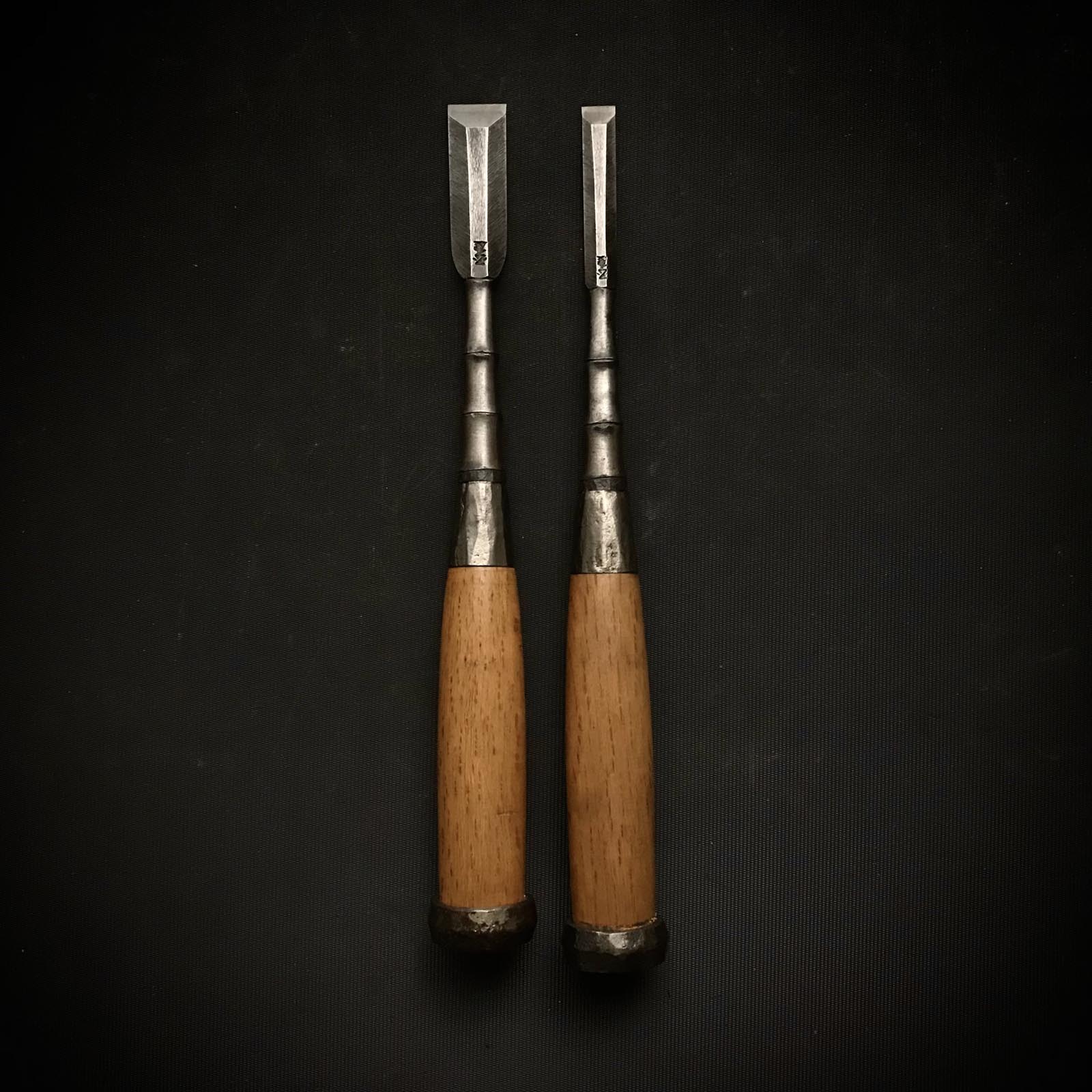 #2 Old stock Kunikei 3rd Generation Early works Bench chisels with bamboo finishing 掘出し物 池田慶郎氏 三代目国慶作 早期作品 竹節追入鑿 15mm 9mm