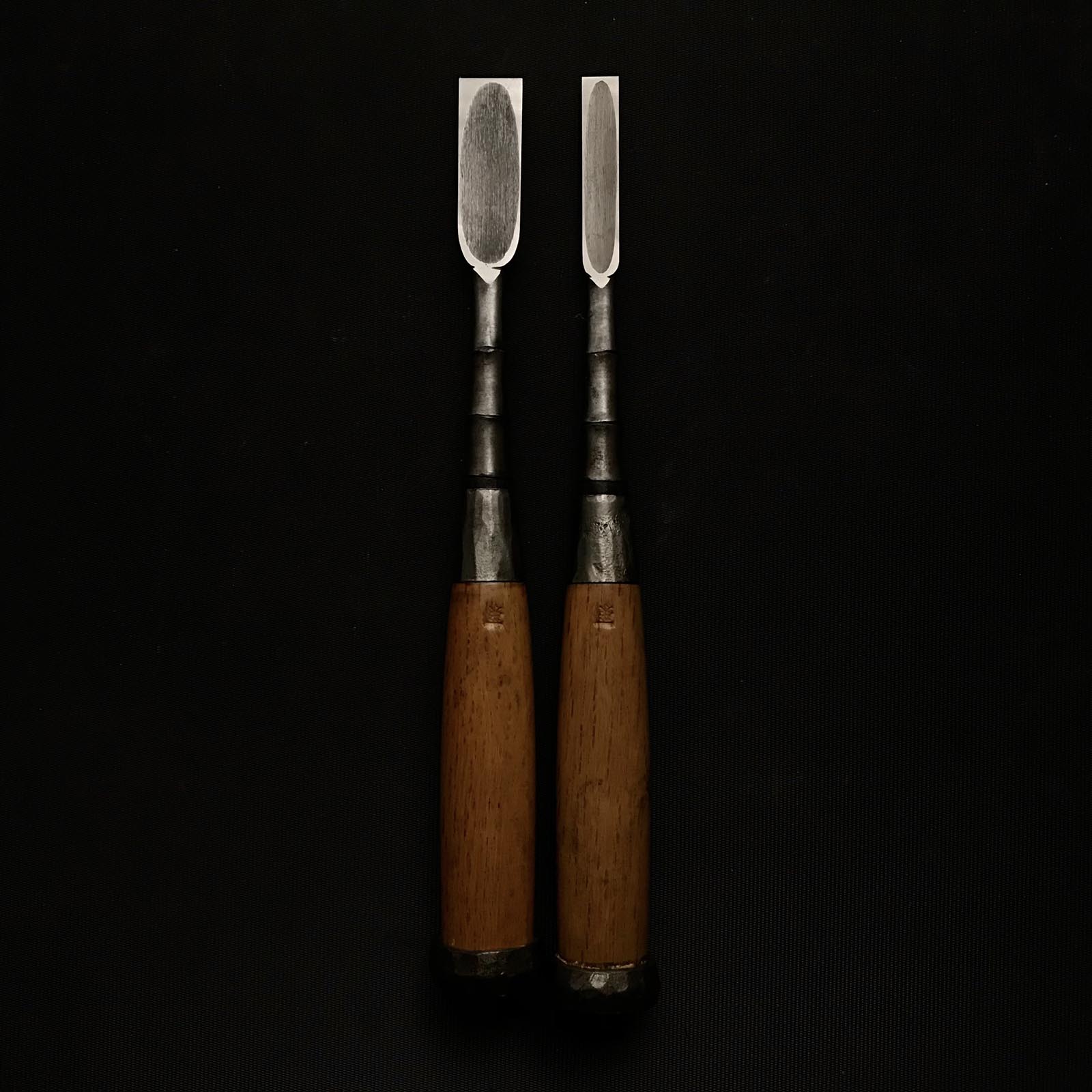 #2 Old stock Kunikei 3rd Generation Early works Bench chisels with bamboo finishing 掘出し物 池田慶郎氏 三代目国慶作 早期作品 竹節追入鑿 15mm 9mm