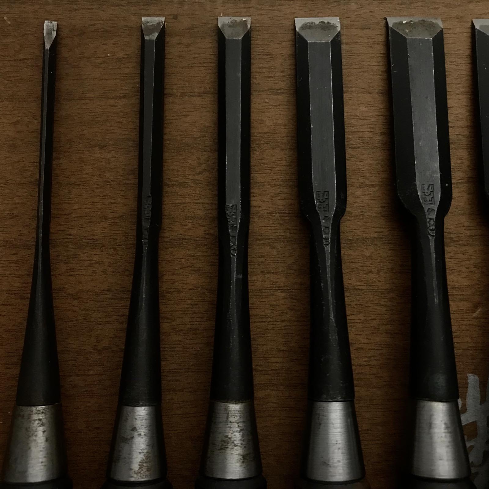 Old stock Masahiko Tokyo Bench chisels set 掘出し物 東京鑿組合 正彦 追入10本組鑿 黒檀柄 Oiirenomi