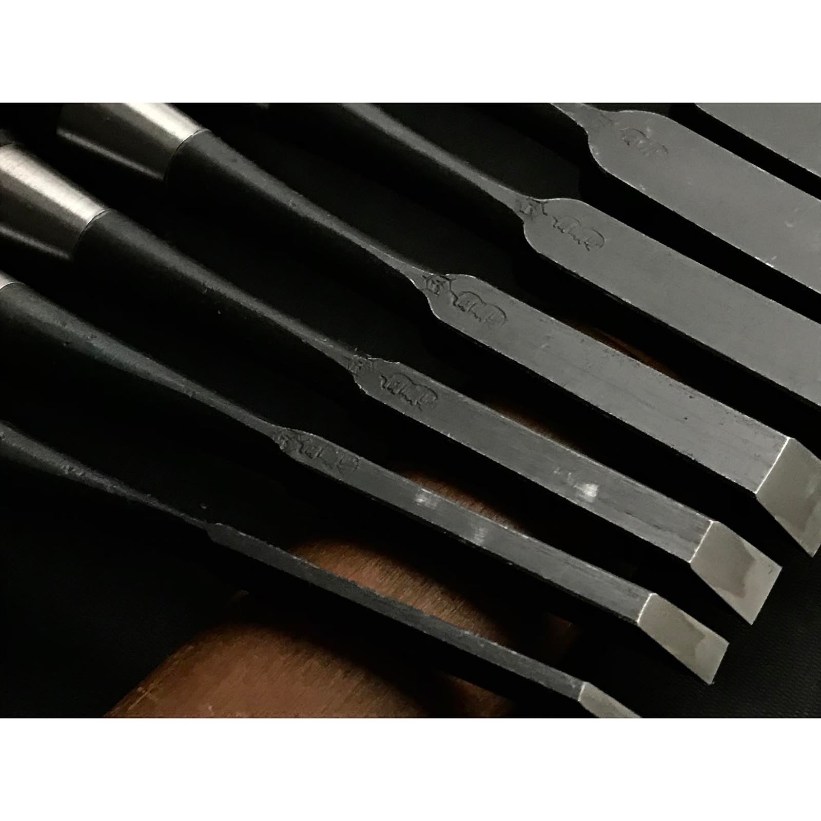Old stock Hidari-Osahiro (Nagahiro) Kakuuchi Bench chisels set 掘出し物 左長弘 角打追入組鑿 10本組 紫檀柄 Oirenomi