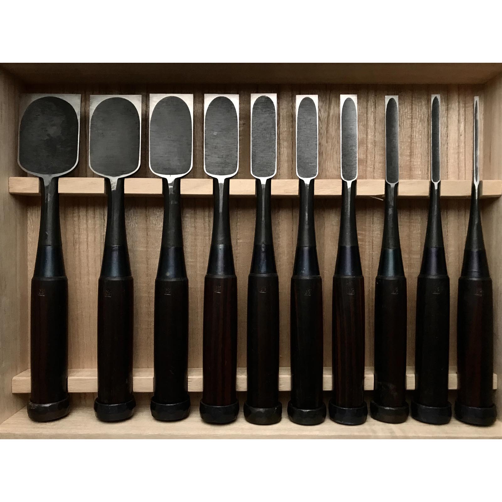 Old stock Kunikei Bench chisels set by Ikeda Yoshiro 掘出し物 池田慶郎氏 三代目国慶作 追入組鑿 Oirenomi