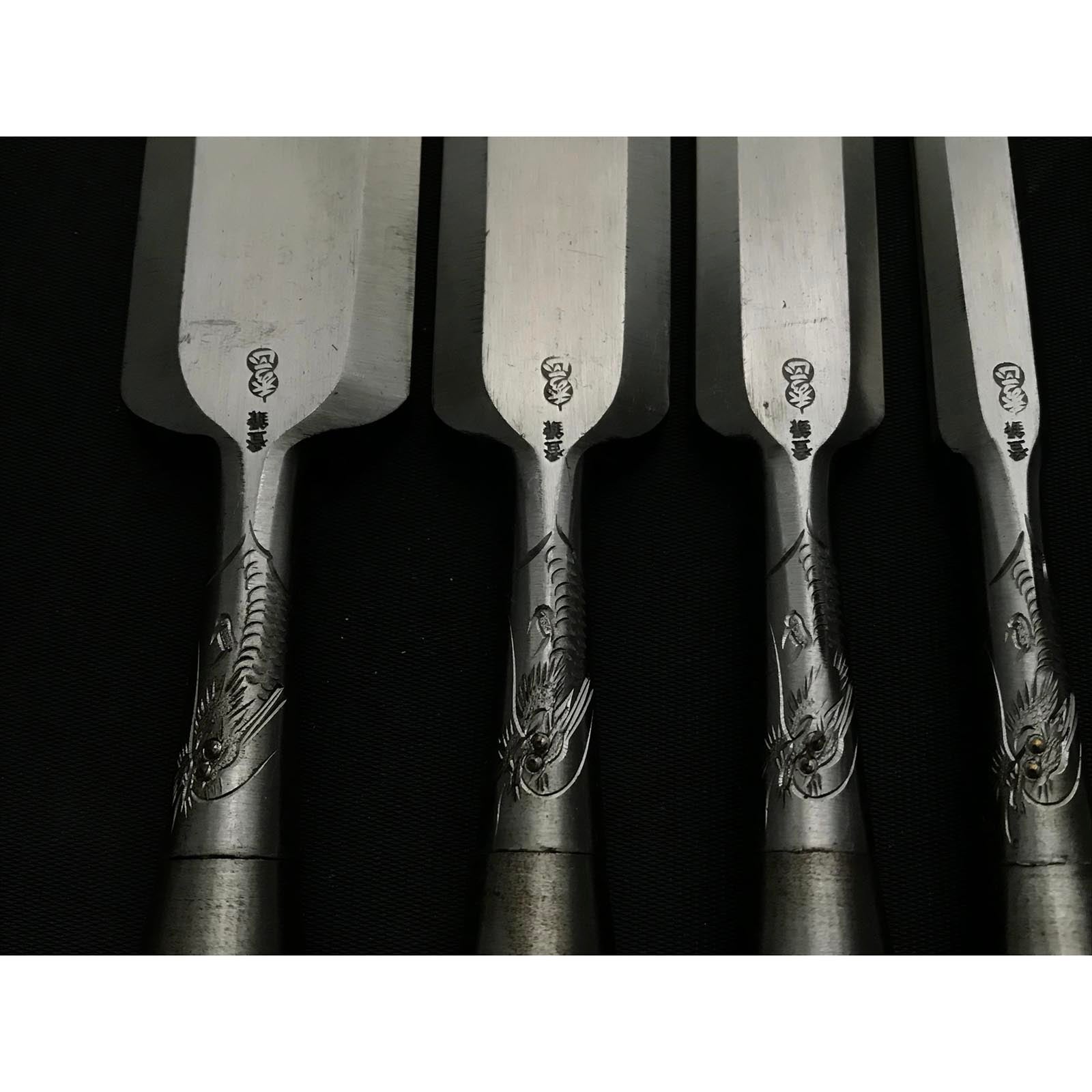 旧蔵 秀政 卓上ノミセット 龍彫り 掘り出し物 秀正 追入6本組鑿 紫檀柄 おいれのみ