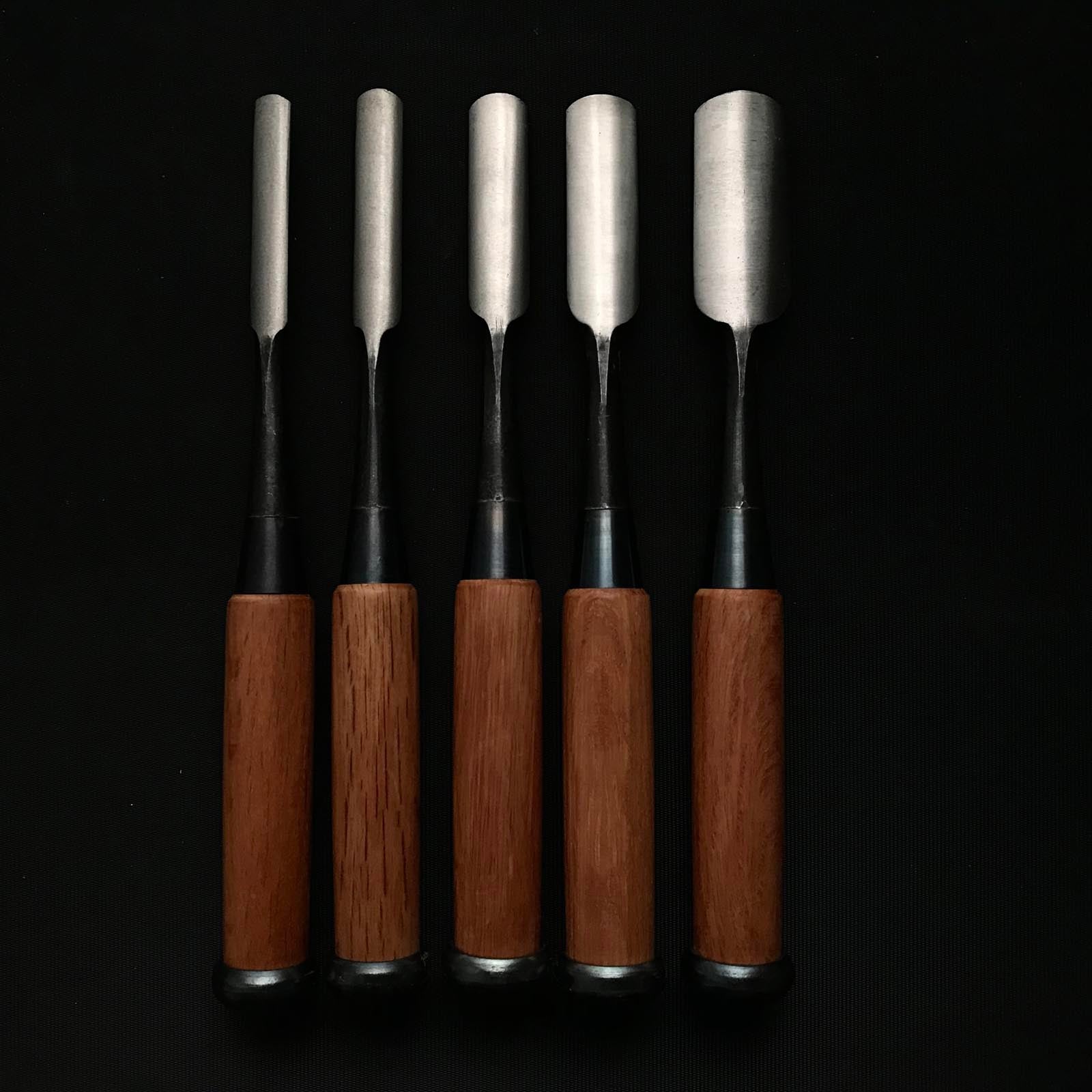 Old stock Nobukuni Soto maru chisels set with white steel 掘出し物 信國 外丸組鑿 5本組 Sotomarunomi