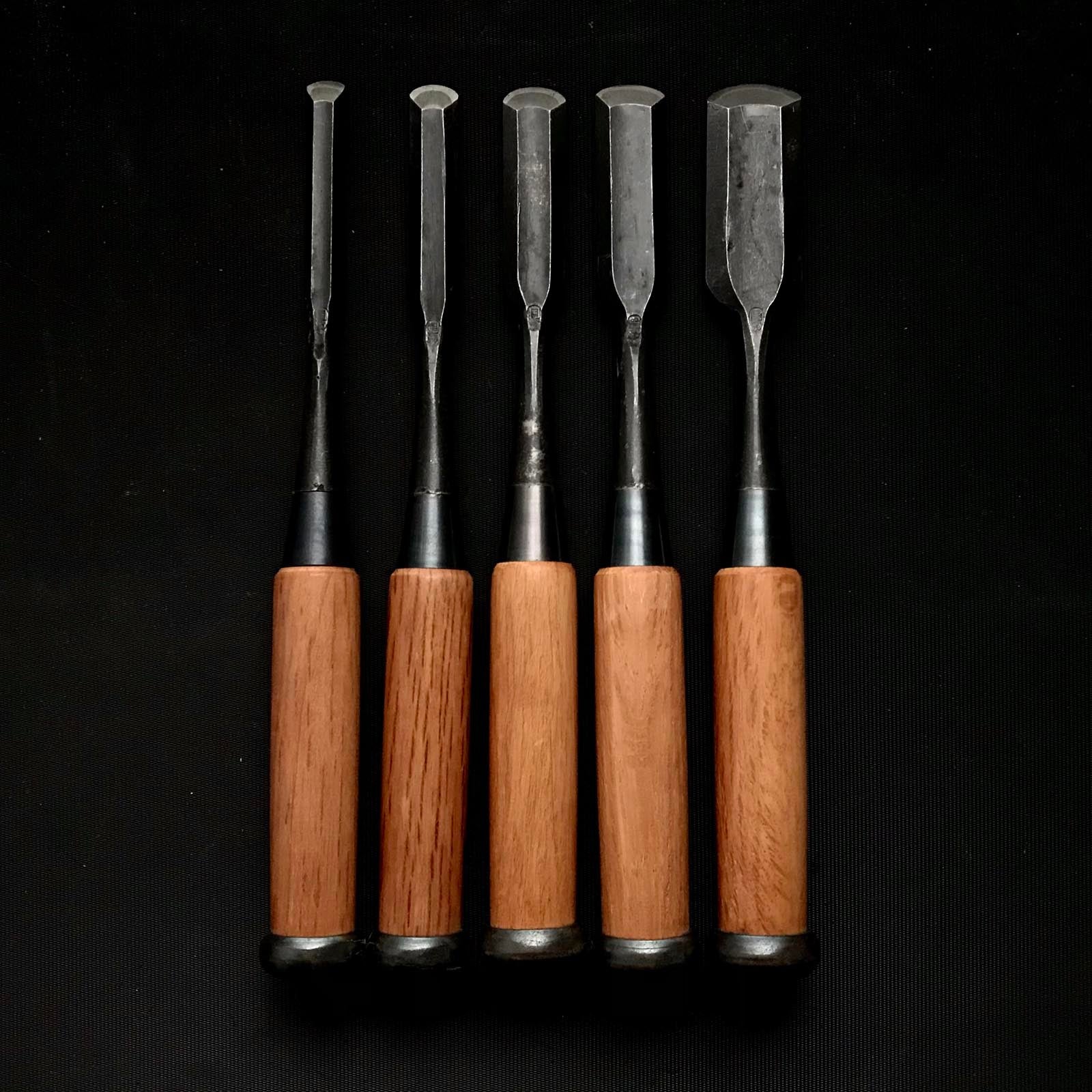 Old stock Nobukuni Soto maru chisels set with white steel 掘出し物 信國 外丸組鑿 5本組 Sotomarunomi