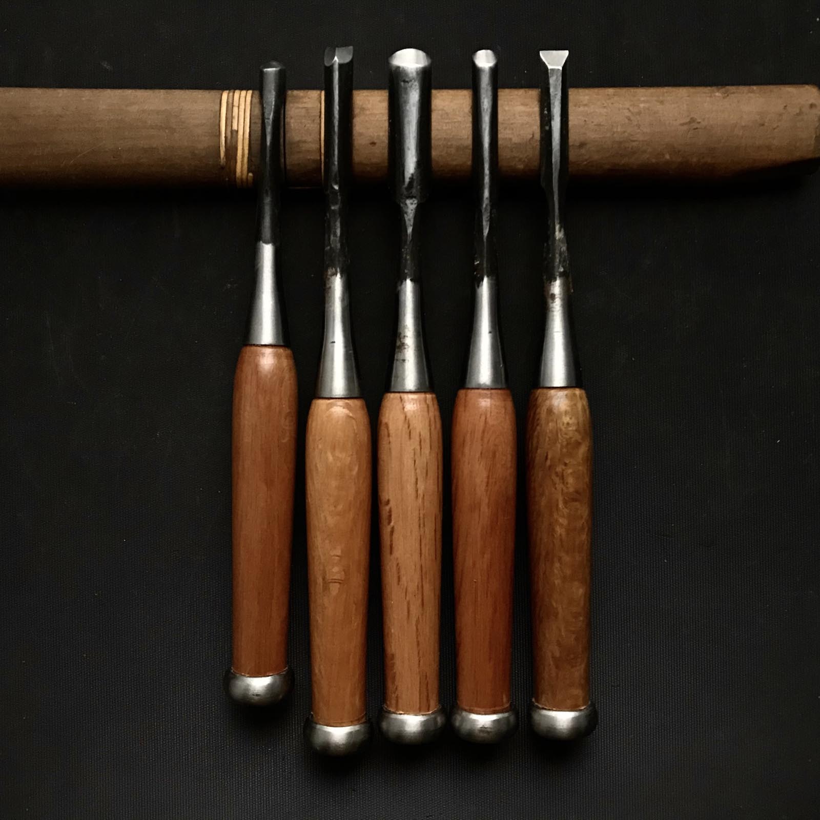 Old stock Hatsuyoshi Carving chisels set with Blue steel 掘出し物 初好 彫刻組鑿 5本