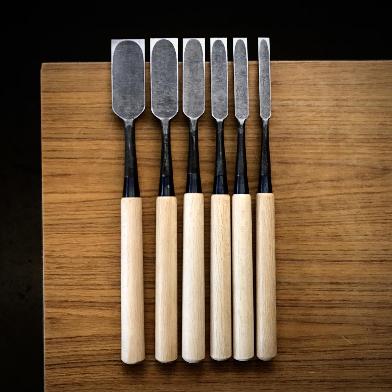 Kanetake Paring chisels by Takahashi Norikazu 高橋典三作 カネ武 薄鑿 12,15,18,30,24,36mm Usunomi