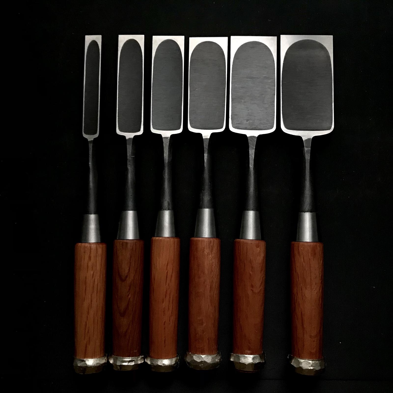 Old stock Kuniaki Timber chisels set with White steel 掘出し物 国明 叩鑿6本組 Tatakinomi