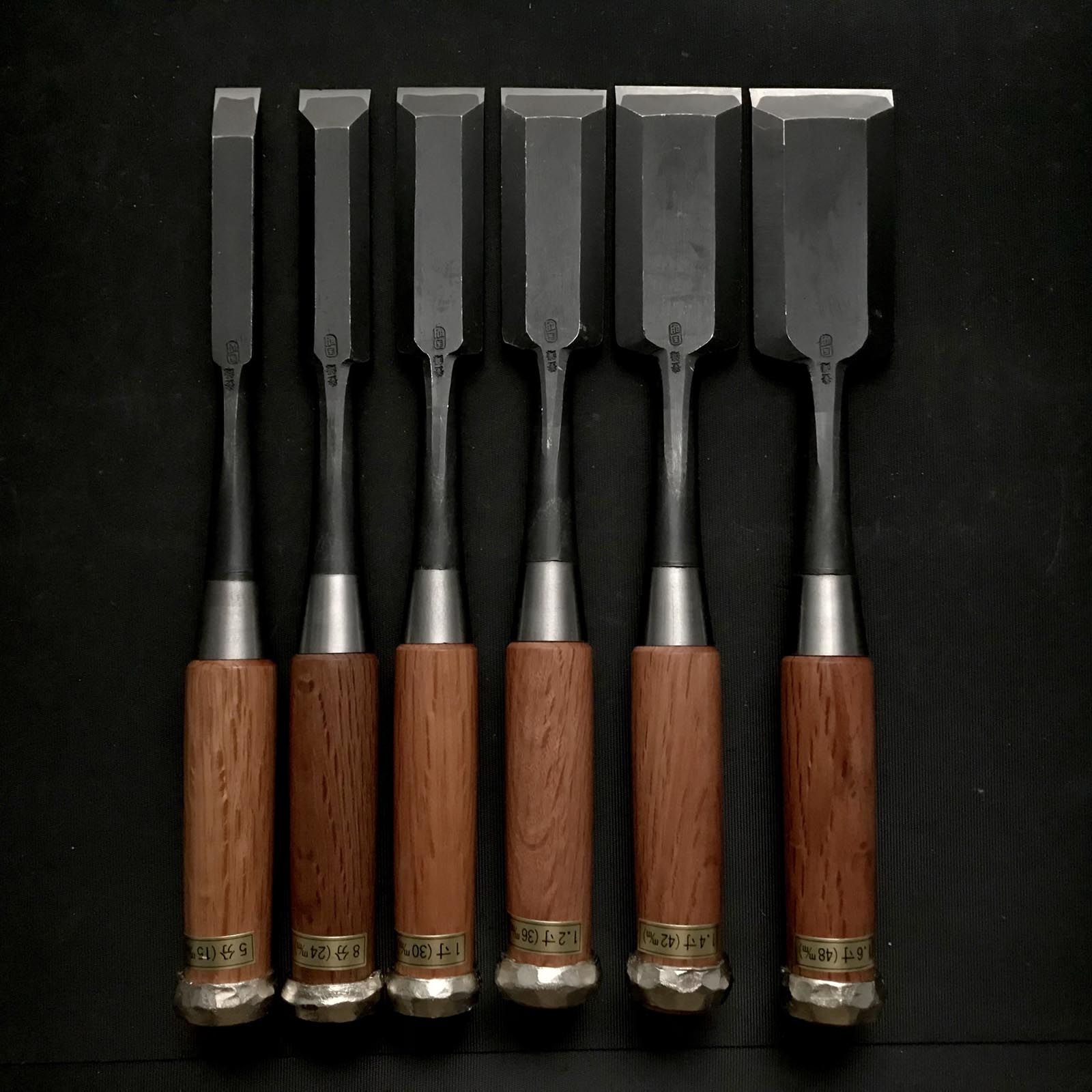 Old stock Kuniaki Timber chisels set with White steel 掘出し物 国明 叩鑿6本組 Tatakinomi
