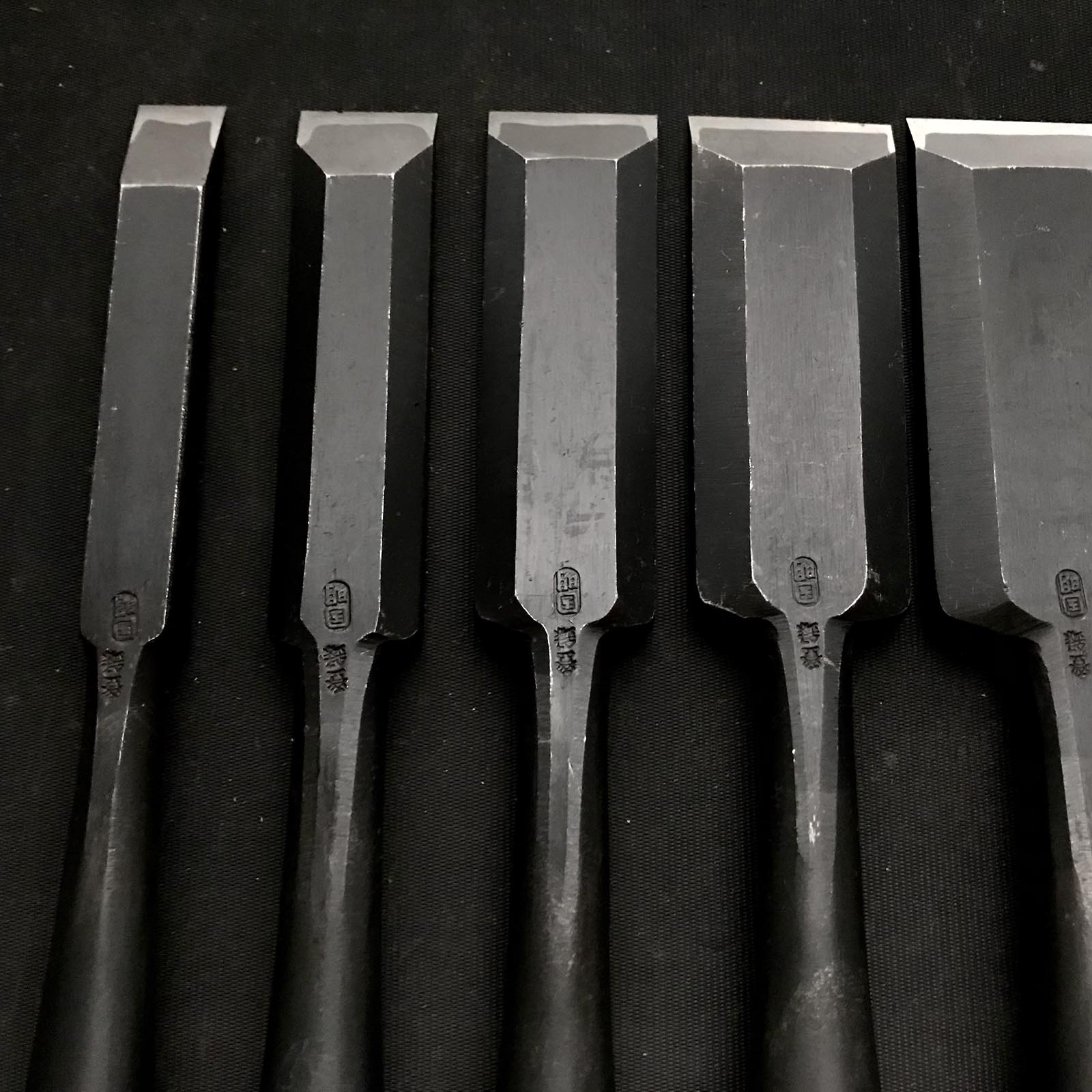 Old stock Kuniaki Timber chisels set with White steel 掘出し物 国明 叩鑿6本組 Tatakinomi