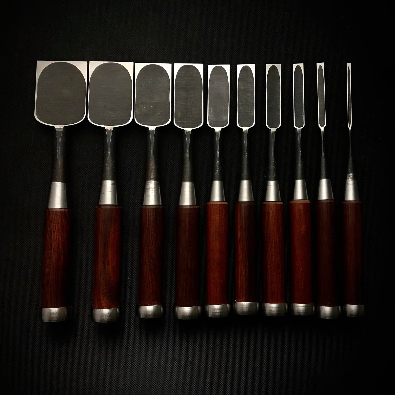 Old stock Tenhiro Dovetail Bench chisels set Rosewood handle 天弘 山崎信次作 鎬型追入10本組鑿 紫檀柄 Shinoginomi
