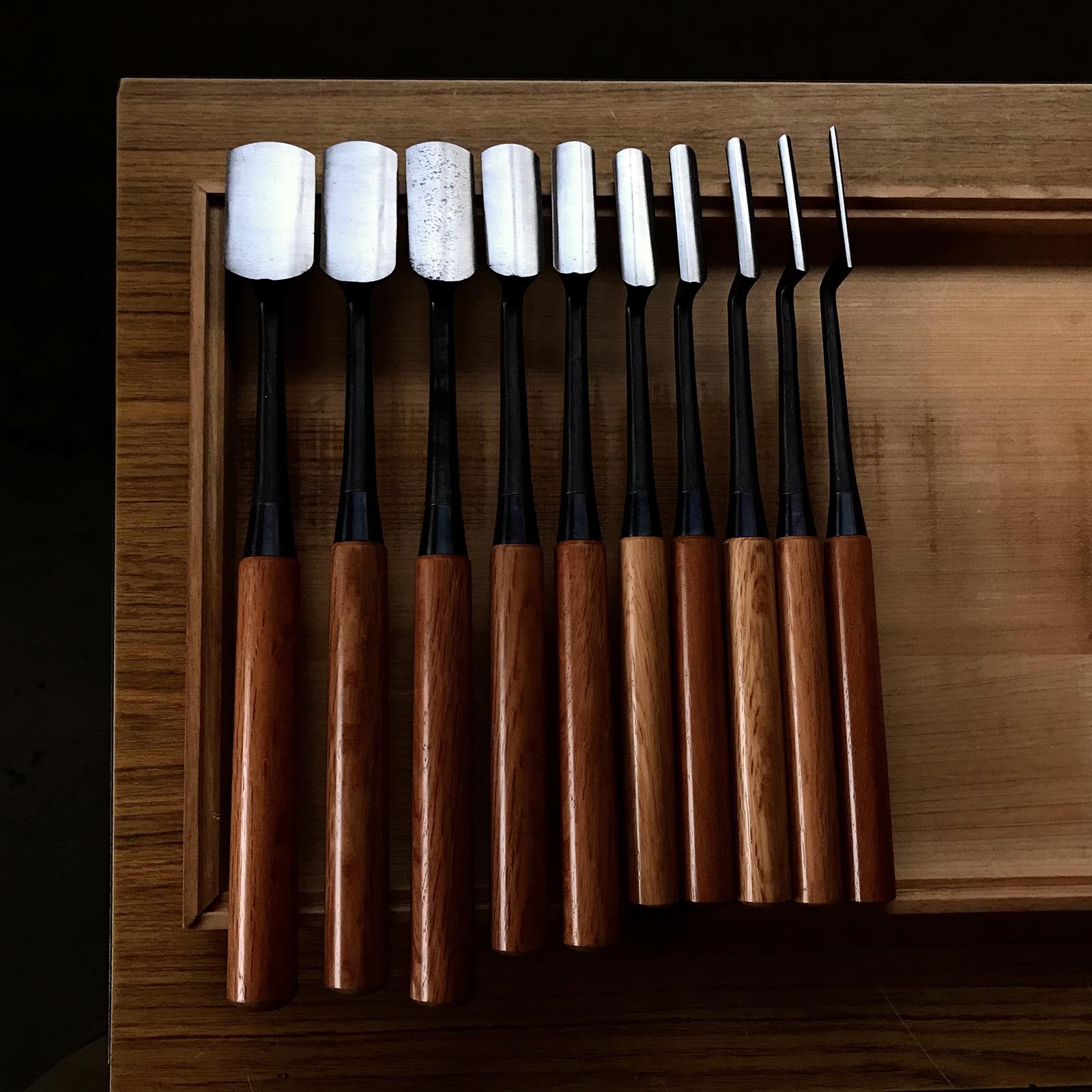 Old stock Sotomaru Trowel chisel (Kote nomi) Dovetail type 掘出し物 外丸鏝鑿 鎬型 3,6,9,12,15,18,21,24,27,30,36mm