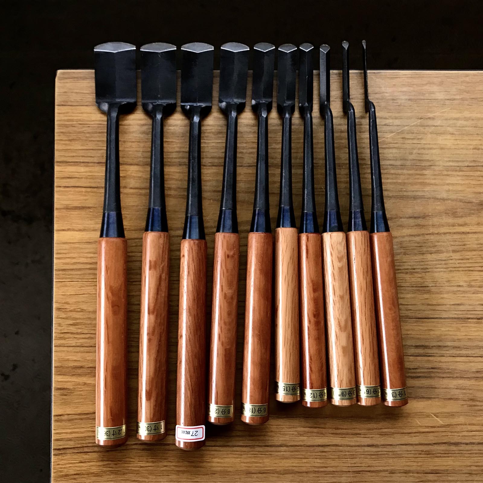 Old stock Sotomaru Trowel chisel (Kote nomi) Dovetail type 掘出し物 外丸鏝鑿 鎬型 3,6,9,12,15,18,21,24,27,30,36mm