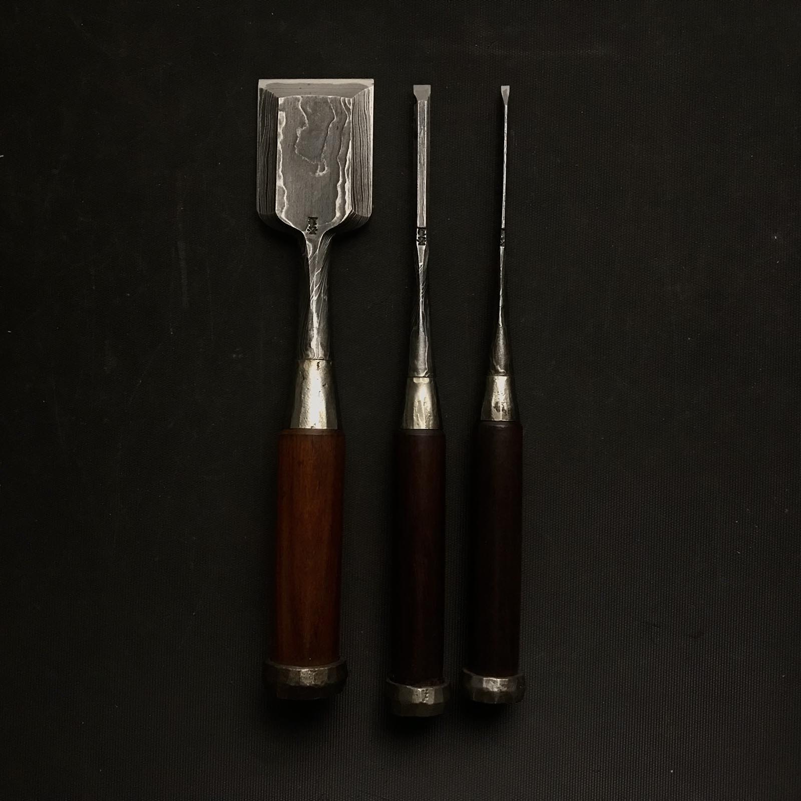 Old stock Kunikei 3rd Generation Early works Bench chisels 掘出し物 池田慶郎氏 三代目国慶作 早期作品 墨流し 追入鑿 42mm 6mm 3mm