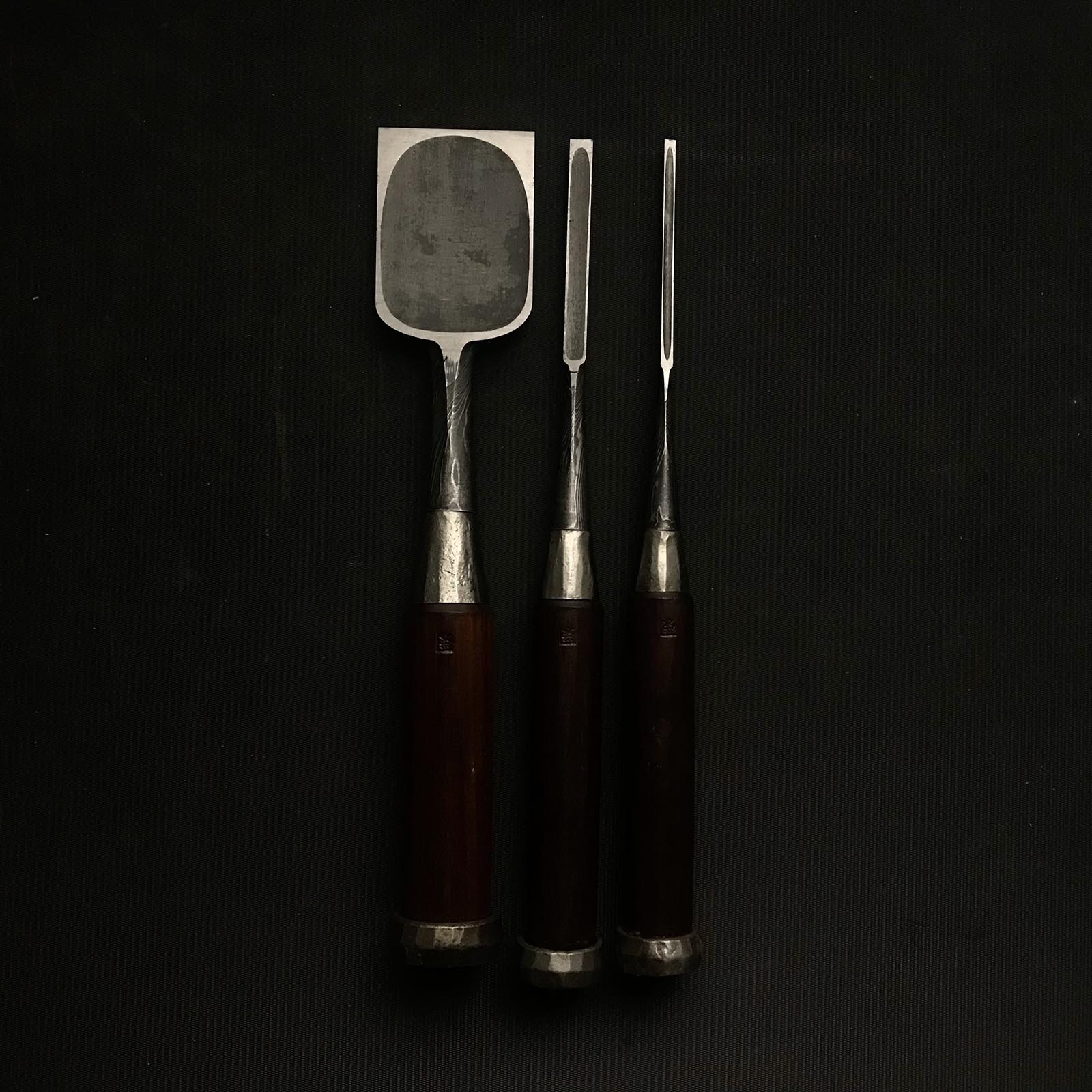 Old stock Kunikei 3rd Generation Early works Bench chisels 掘出し物 池田慶郎氏 三代目国慶作 早期作品 墨流し 追入鑿 42mm 6mm 3mm
