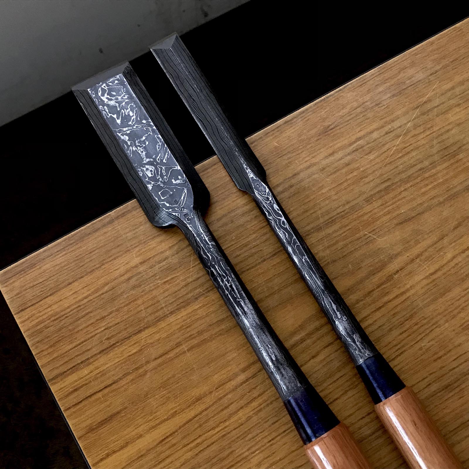 Sukemasa #5 (Third generation) Suminagashi Slick chisels set 三代目助正作 墨流し 本突組鑿  Hon-tsukinomi