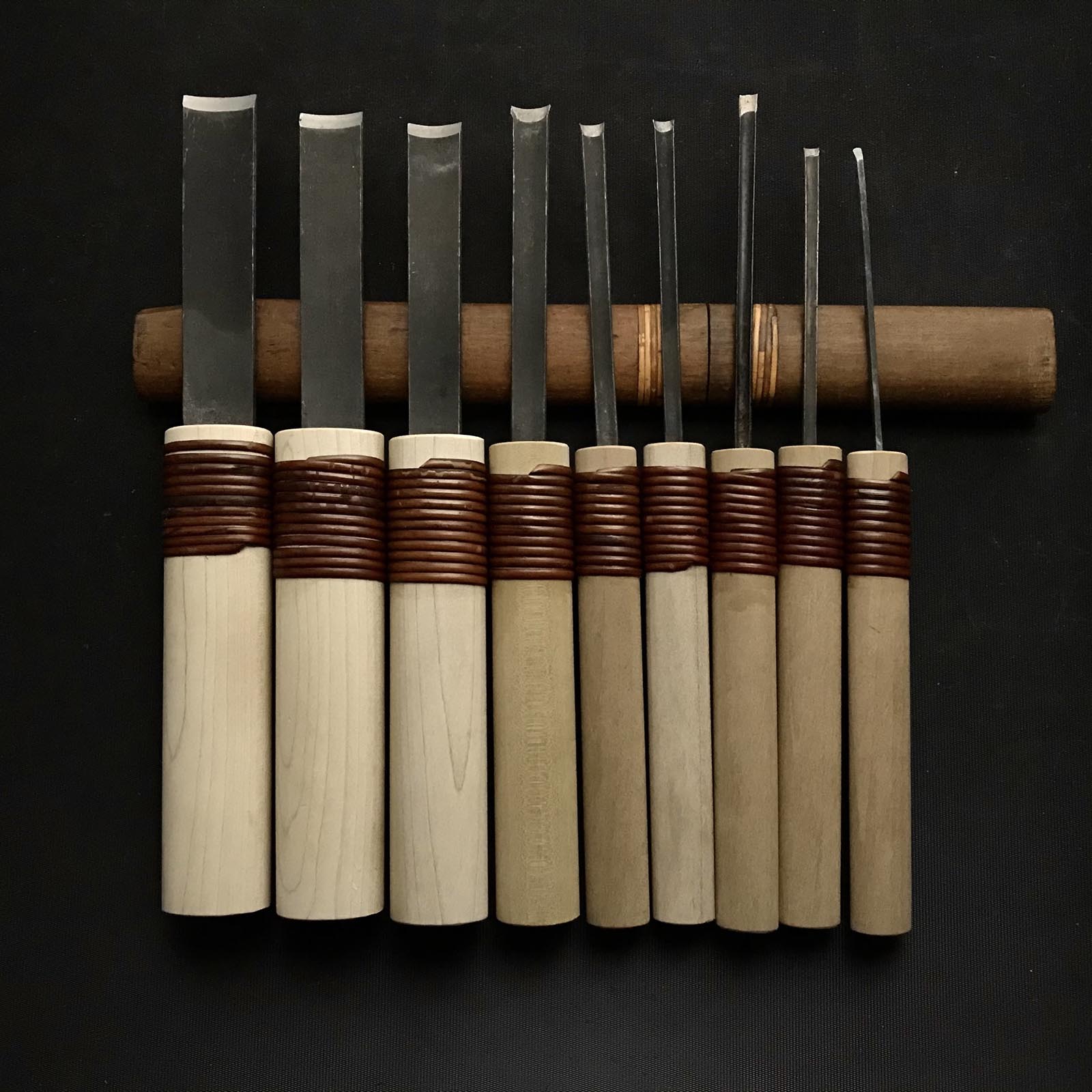 旧蔵 外丸能見 ノミセット 青鋼掘り出し物 外丸彫刻刀9本組 青紙鋼