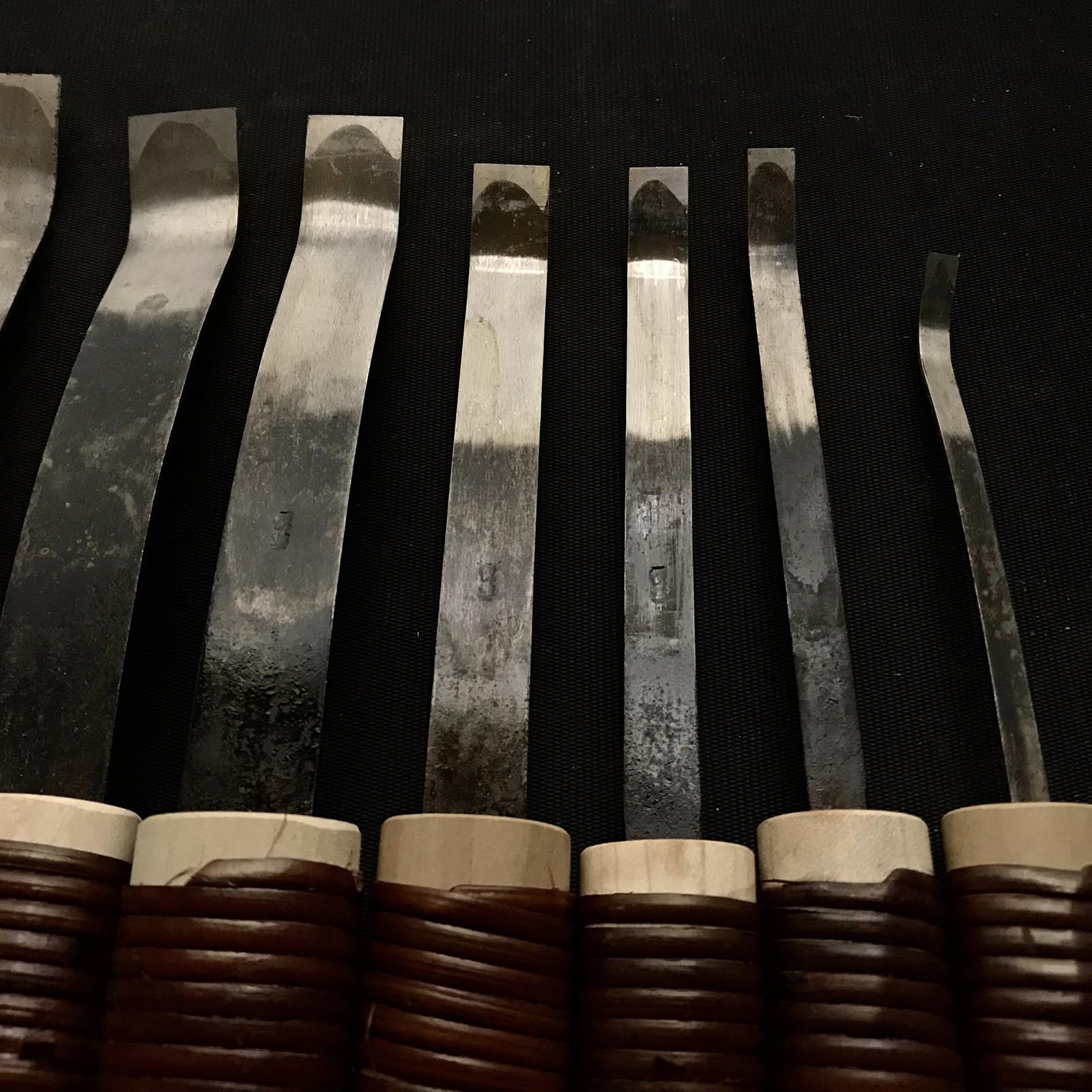 Old stock Spoon (flat blade) Carving chisels set with Blue steel 掘出し物 曲平刀10本組 青紙鋼