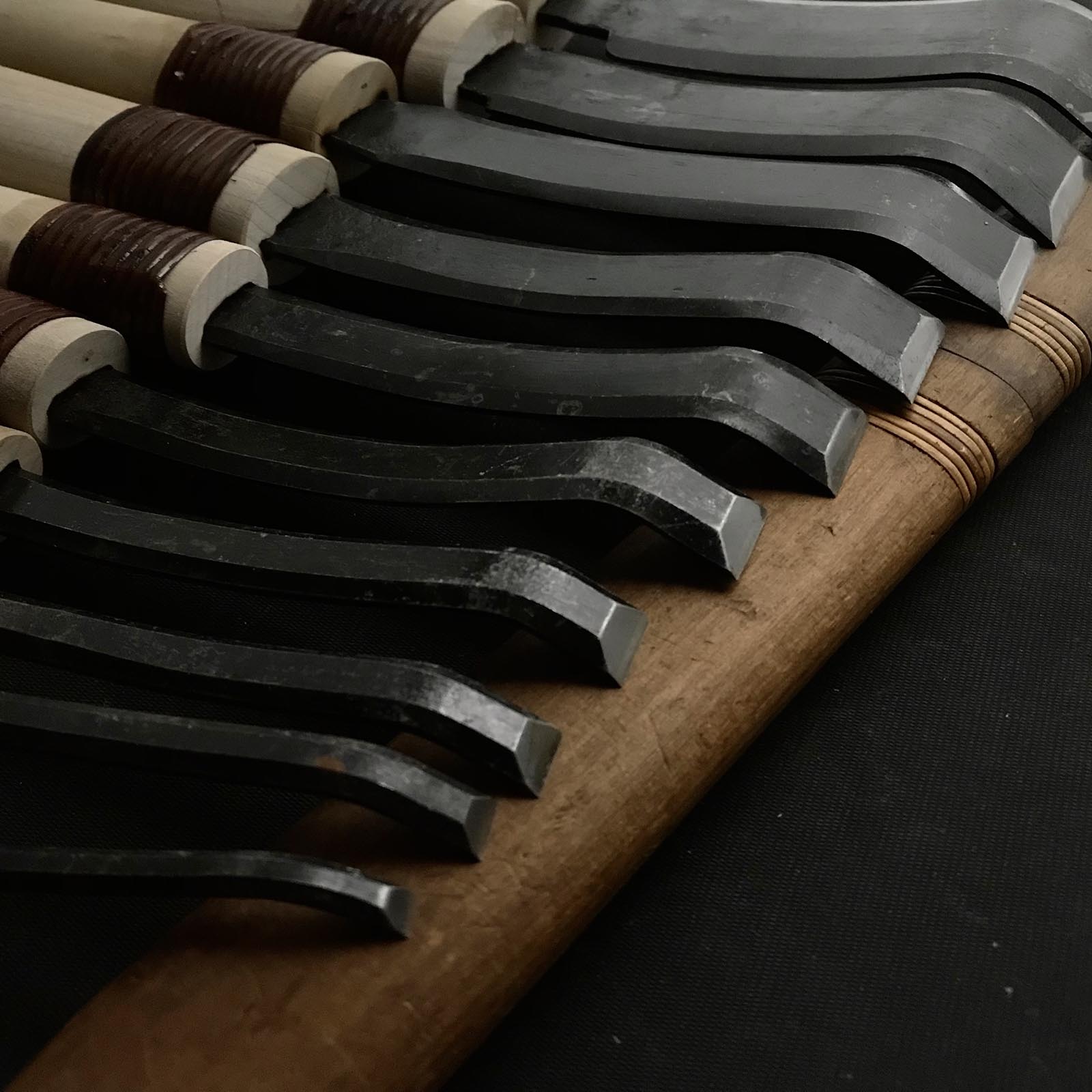Old stock Spoon (flat blade) Carving chisels set with Blue steel 掘出し物 曲平刀10本組 青紙鋼