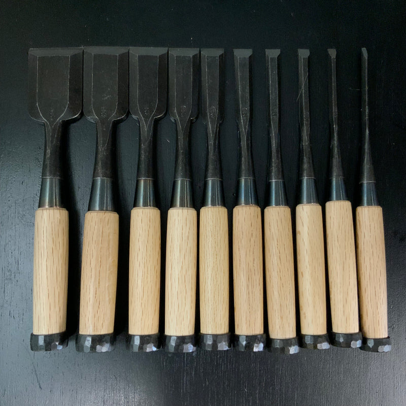 Takashiba Bench chisels set (Oirenomi) with wooden box 高芝 追入組鑿 白紙鋼 桐箱付