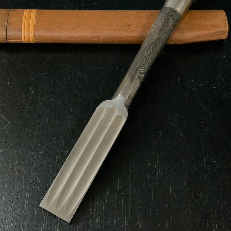 Tasai Mokume Special Timber chisels with black wood handle   田斎作 木目 首長厚鑿 黒檀柄 三つ裏 24mm Kubinaga Atsunomi