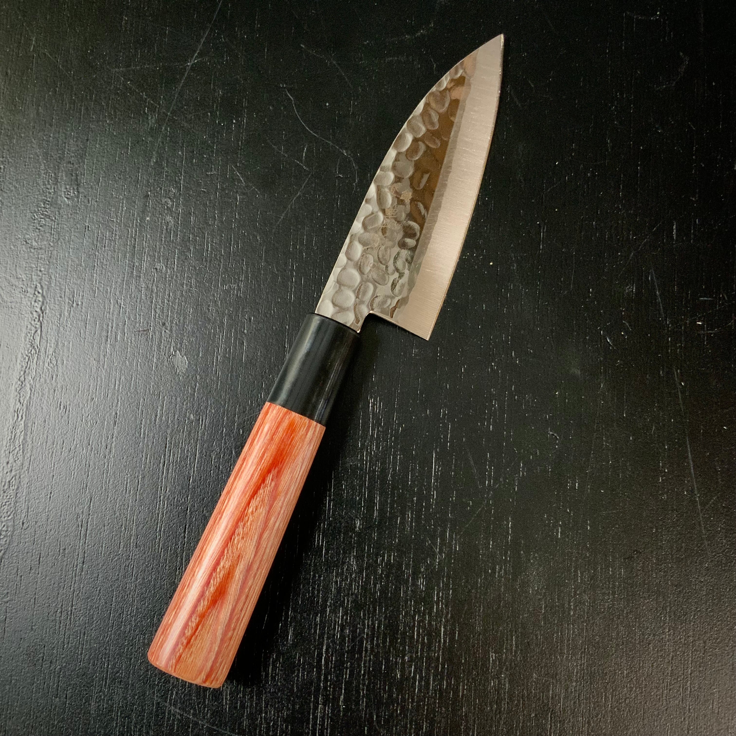 Houei INOX Chef knife Kodeba brown plywood with rounded edges   /  豊榮 INOX 鎚目 茶合板丸柄 小出刄 105mm