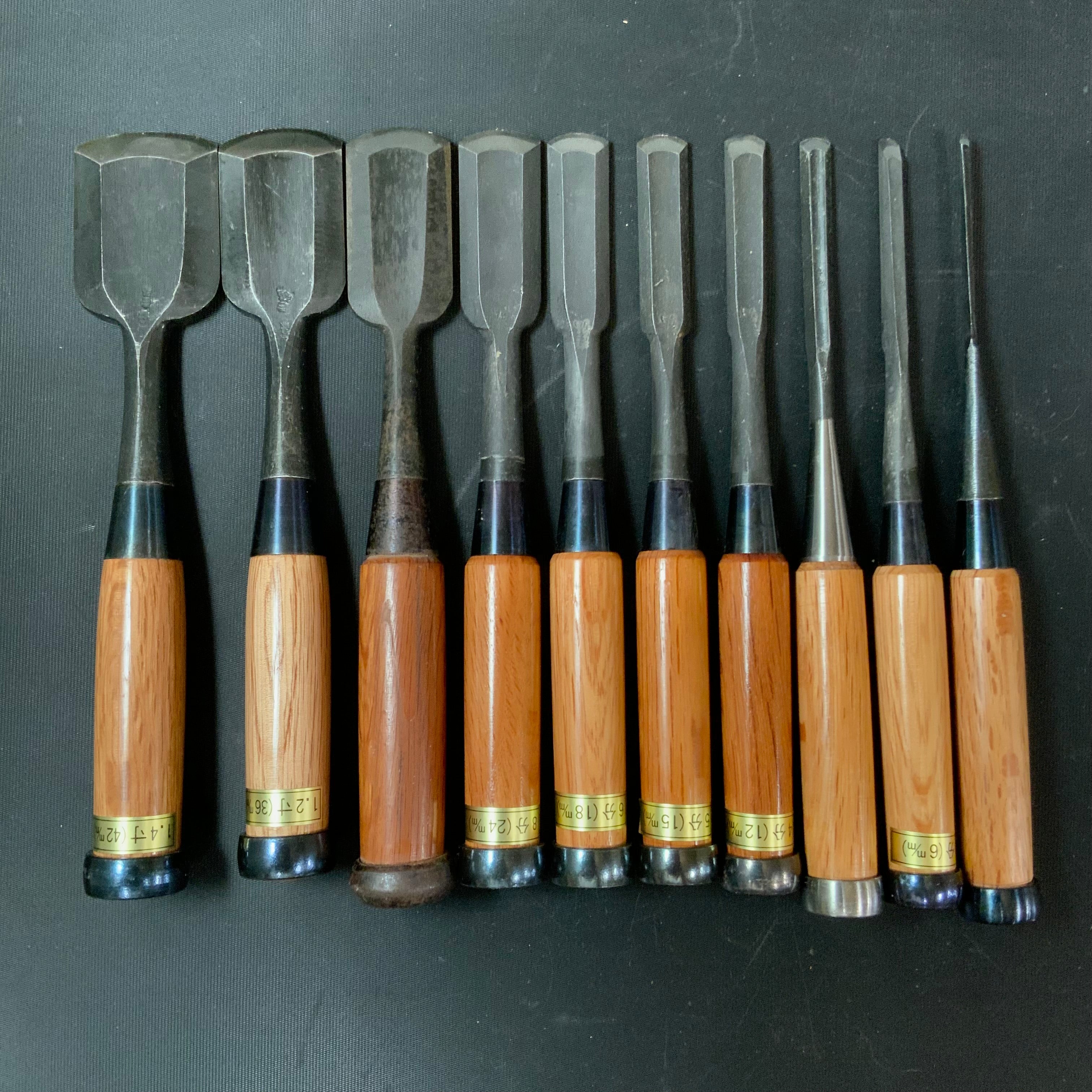 #14 Old stock Soto maru chisels set with white steel 掘出し物 外丸組鑿 10本組 So ...
