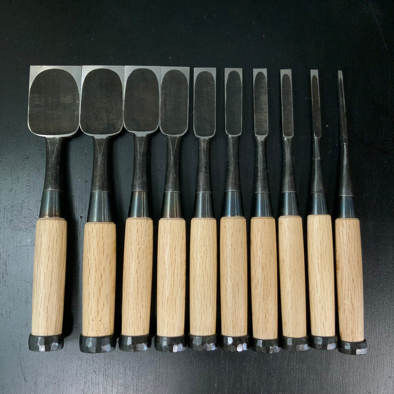 Takashiba Bench chisels set (Oirenomi) with wooden box 高芝 追入組鑿 白紙鋼 桐箱付