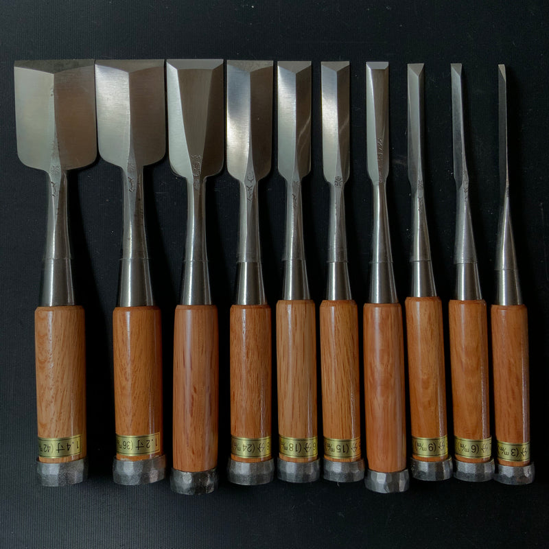 Old stock #7 Sukemaru 4th Wholesaler stamp High-Speed Steel Bench chisels set 掘出し物 四代助丸 問屋銘 ハイス鋼追入組鑿 Oirenomi