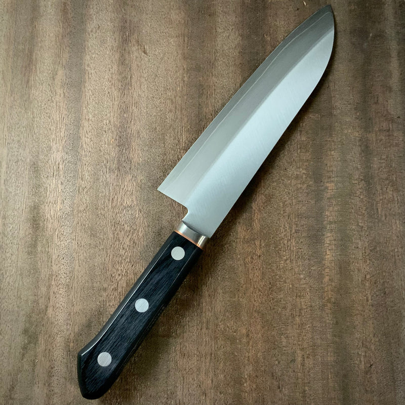 Sanbyoushi Santoku knife with main interrupt stainless steel cladding  三拍子V金1号 口金付 本割込  三徳 165mm