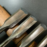 #15 Old stock Soto maru bench chisels set with white steel 掘出し物 外丸追入組鑿 5本組 Sotomarunomi