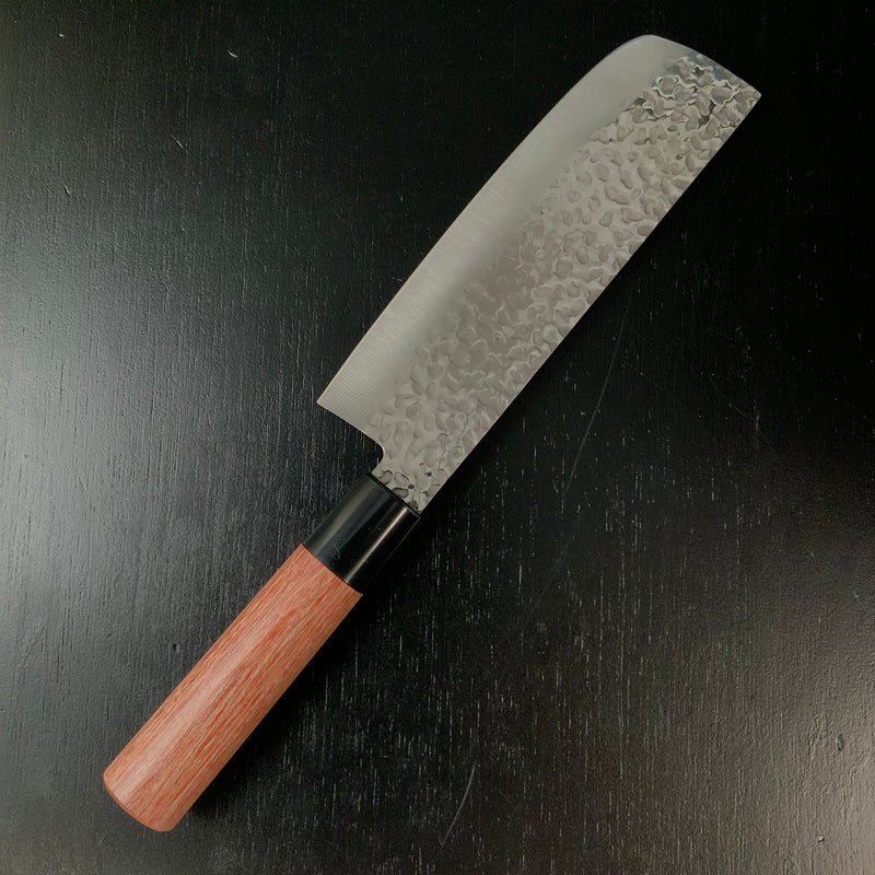 Houei INOX Nakiri Bocho brown plywood with rounded edges   /  豊榮 INOX 鎚目 茶合板丸柄 菜切包丁 165mm