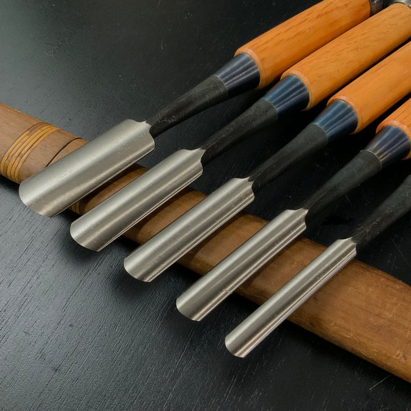 Unknown Soto maru chisels set with White steel    作者不明 外丸組鑿 5本組 Sotomarunomi