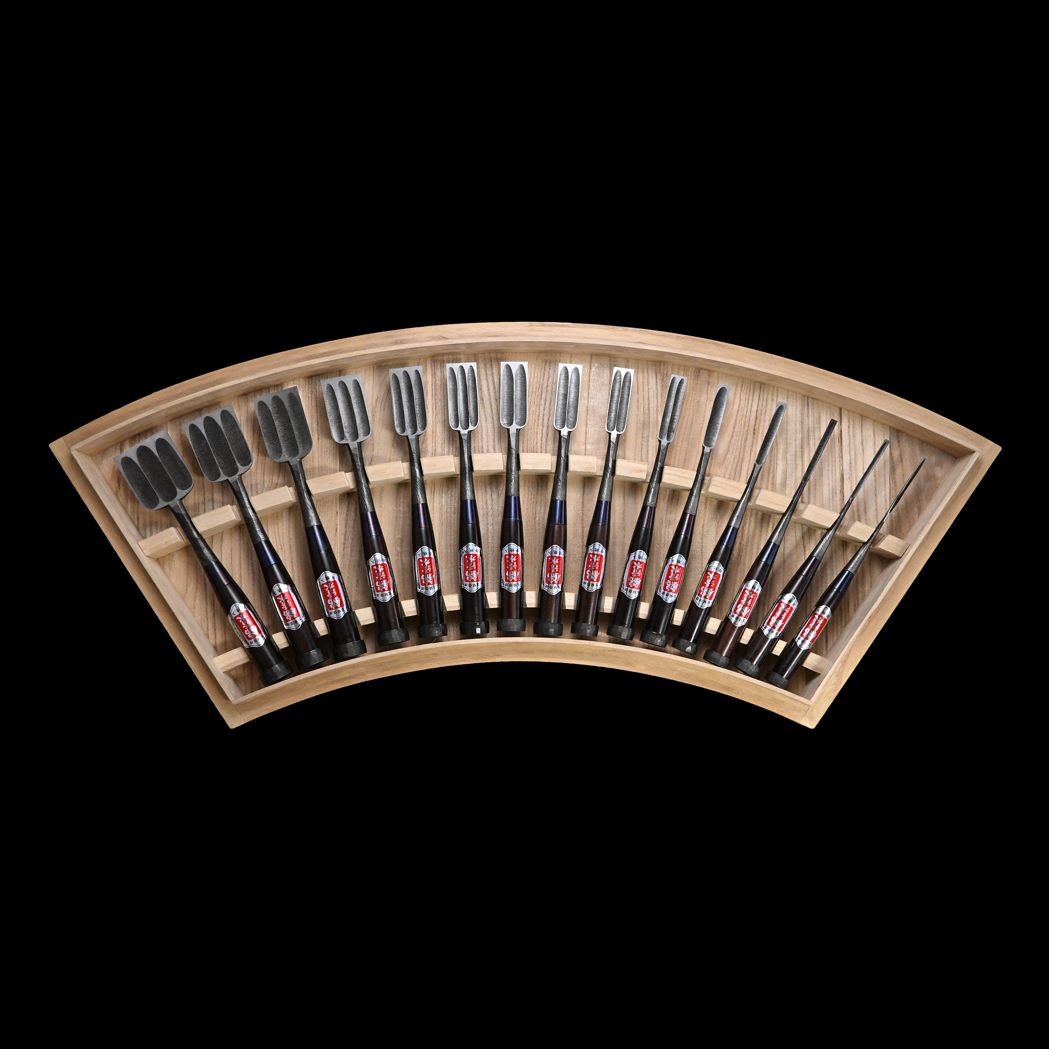 錦清水 木目打捻り 追入組鑿 15本組   Rare stock Nishiki Kiyomi Mokume Bench Chisels 15pc set