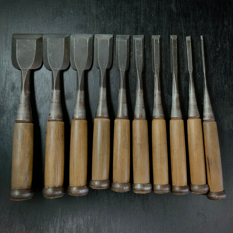 Used Nishiki Ryu Bench chisels set  (Used by palace carpenters)     錦龍  追入組鑿 中古鑿(宮大工使用）