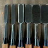 Old stock Kiyohisa timber chisels set by Watanabe Kiyoe 掘出し物 渡辺清栄作 清久 叩き組鑿 7本組