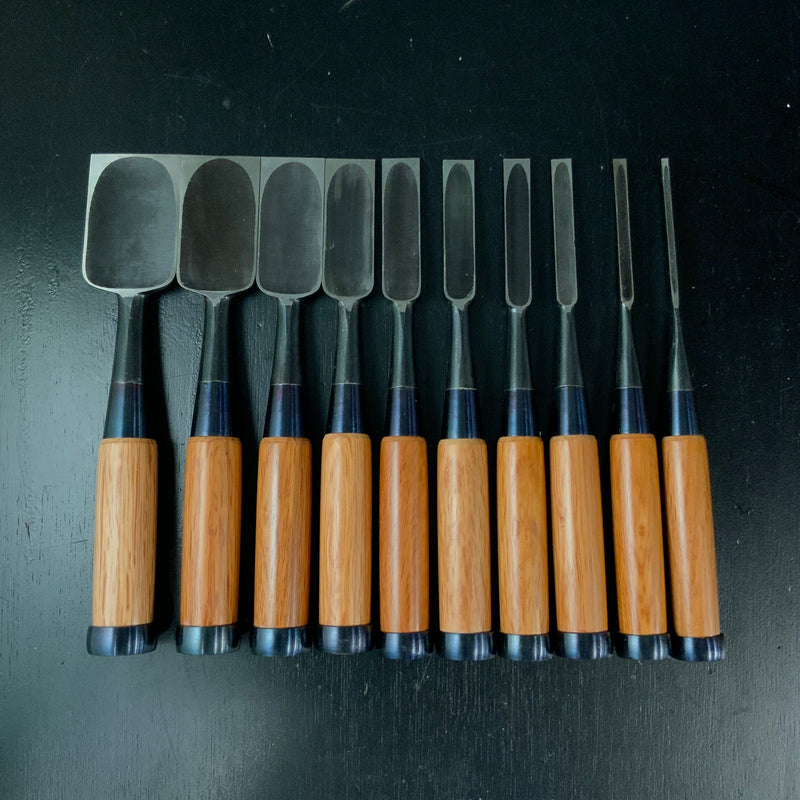 Kunitsuru bench chisels 10-piece set Blacksmith finish with white steel 掘出し物 國鶴 黒仕上 追入組鑿 10本組