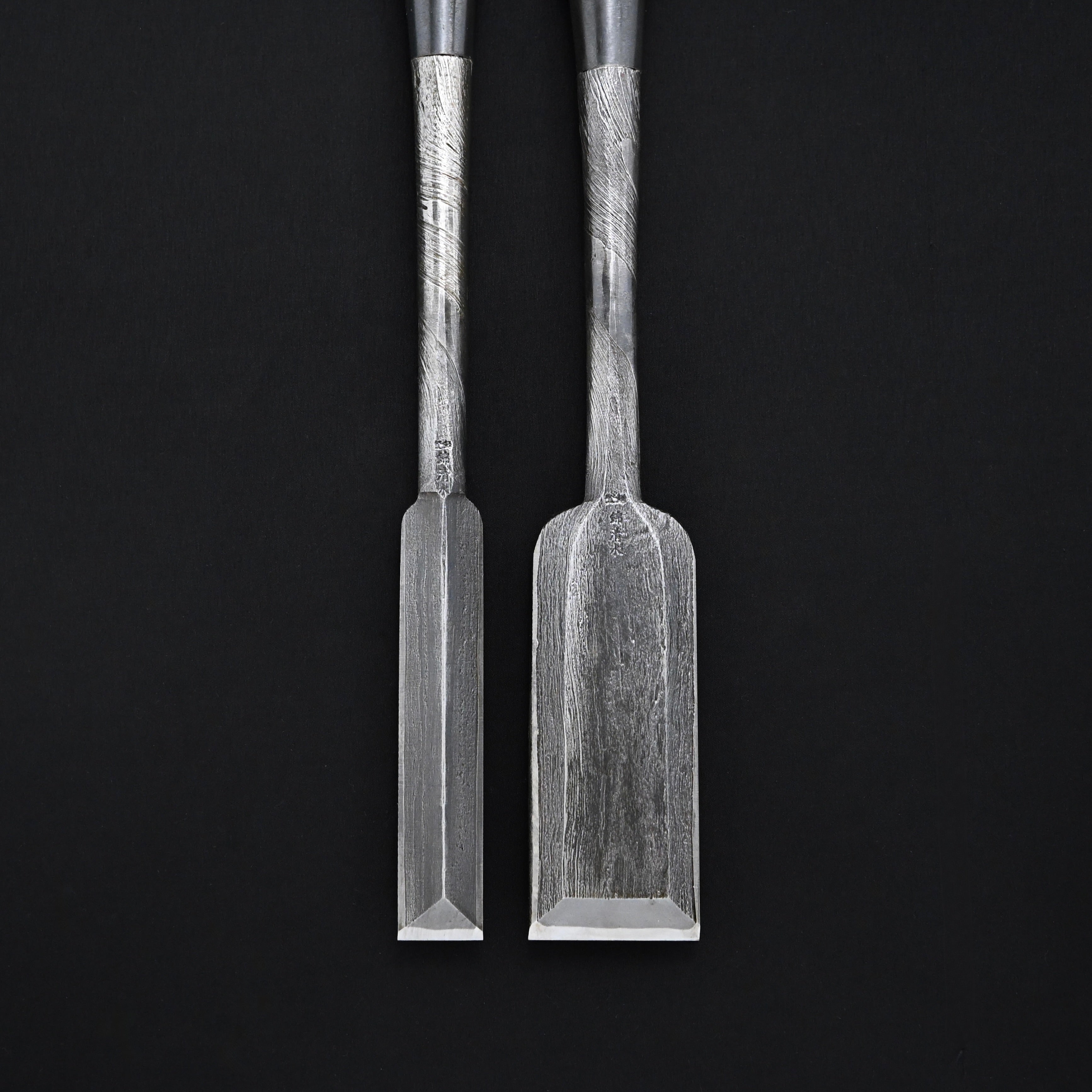 掘出し物  錦清水 木目打捻り 本突き組鑿  48,24mm    Rare Stock Nishiki Kiyomi Mokume Slick Chisels set