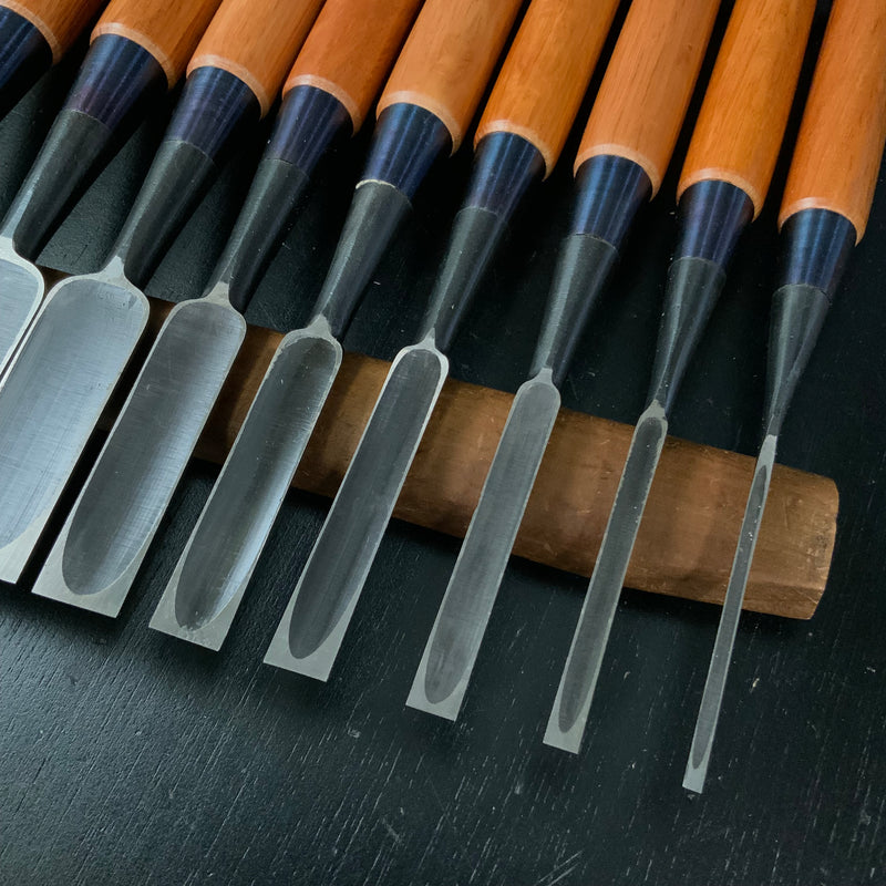 Kunitsuru bench chisels 10-piece set Blacksmith finish with white steel 掘出し物 國鶴 黒仕上 追入組鑿 10本組