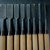 Old stock Oni-Ichimonji Bench chisels set   掘り出し物  鬼一文字 追入10本組鑿 Oiirenomi