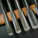 #17 Old stock Soto maru bench chisels set with white steel 掘出し物 外丸追入組鑿 5本組 Sotomarunomi