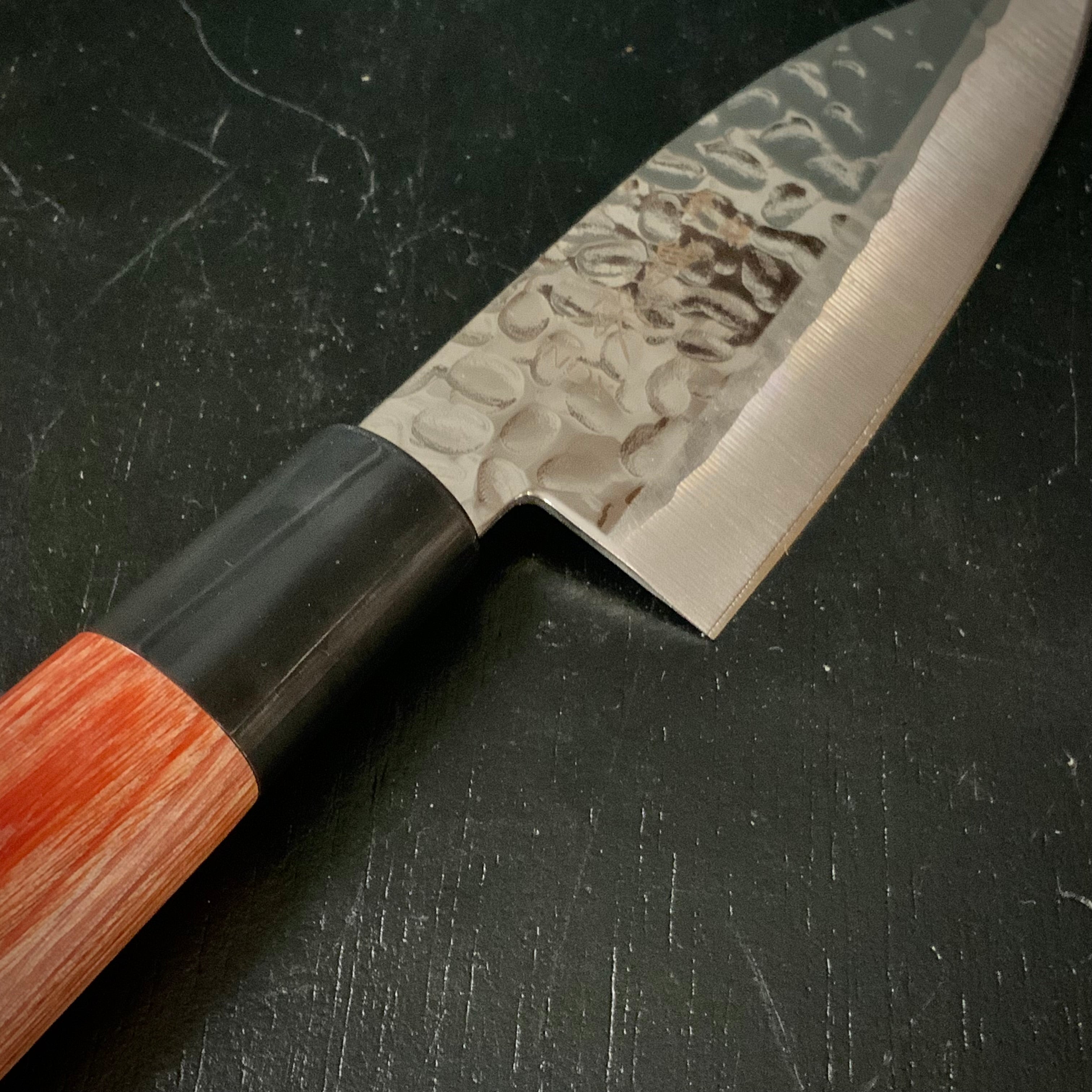 Houei INOX Chef knife Kodeba brown plywood with rounded edges   /  豊榮 INOX 鎚目 茶合板丸柄 小出刄 105mm
