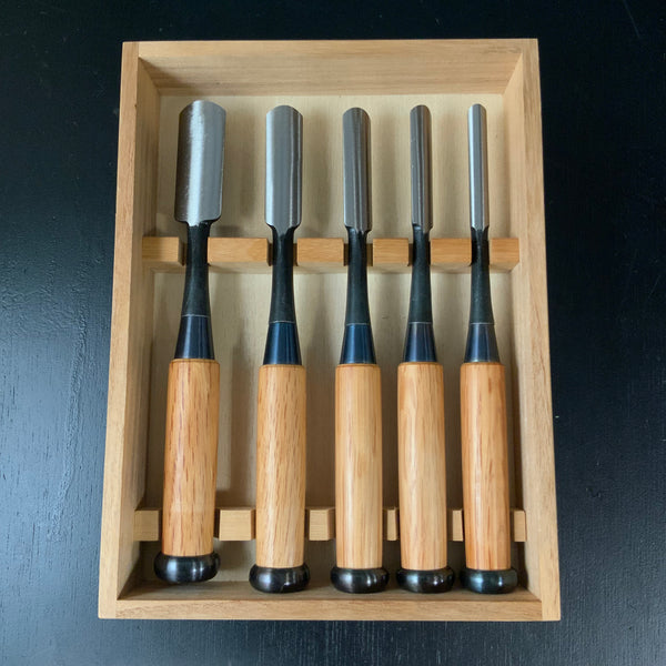 Unknown Soto maru chisels set with White steel    作者不明 外丸組鑿 5本組 Sotomarunomi