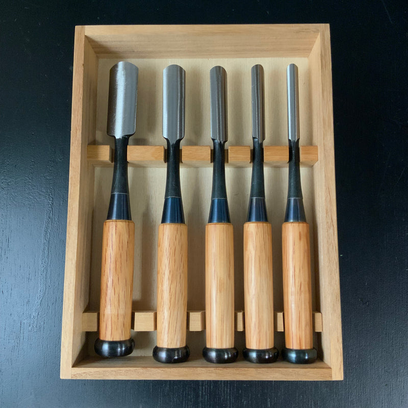 Unknown Soto maru chisels set with White steel    作者不明 外丸組鑿 5本組 Sotomarunomi