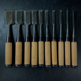 Old stock Oni-Ichimonji Bench chisels set   掘り出し物  鬼一文字 追入10本組鑿 Oiirenomi