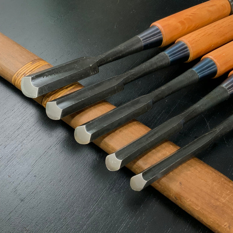 Unknown Soto maru chisels set with White steel    作者不明 外丸組鑿 5本組 Sotomarunomi