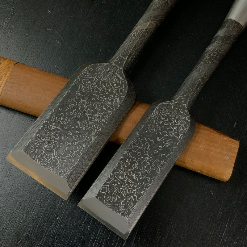 Tasai Mokume Special Paring chisels (Usunomi) with blue steel blackwood Handle  田斎作 木目 薄鑿 四つ裏 黒檀柄