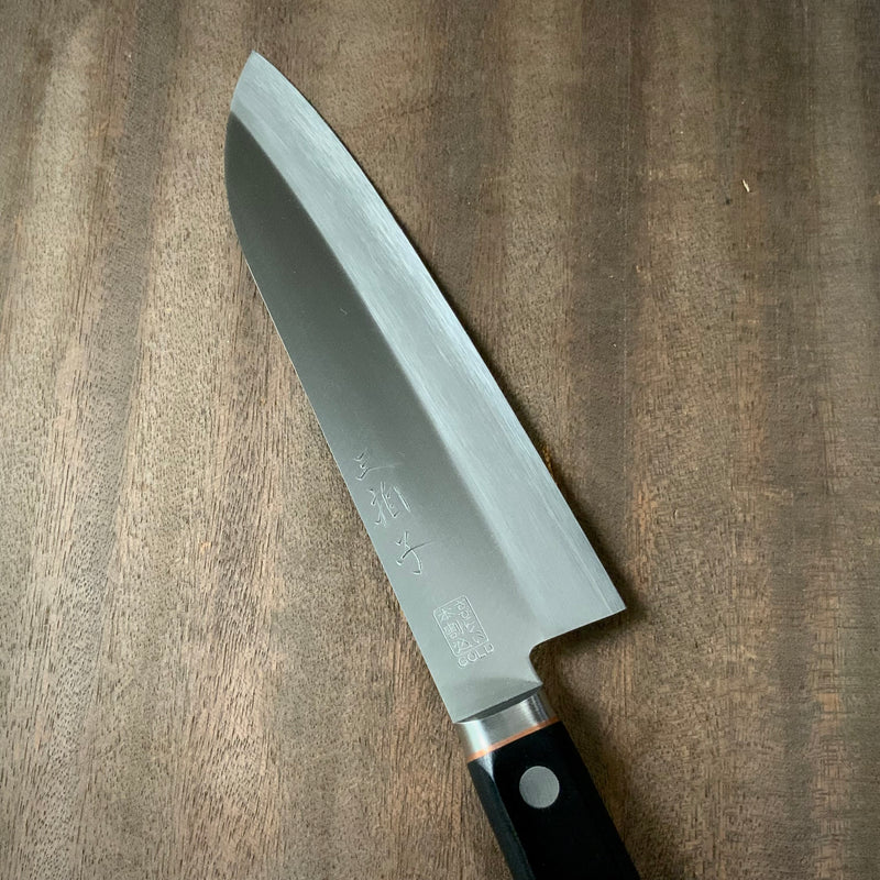 Sanbyoushi Santoku knife with main interrupt stainless steel cladding  三拍子V金1号 口金付 本割込  三徳 165mm