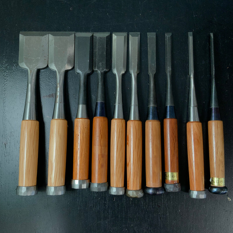 #M185 Mixed set High-Speed Steel Bench chisels set for beginner by unknown smith  バラ鑿合わせ 初心者におすすめ ハイス追入組鑿作者不明