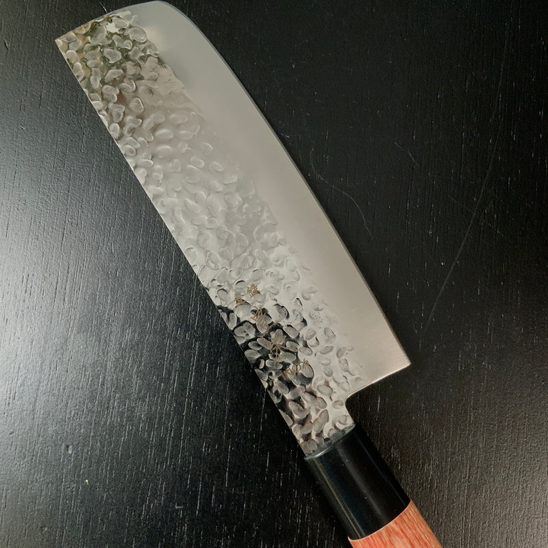 Houei INOX Nakiri Bocho brown plywood with rounded edges   /  豊榮 INOX 鎚目 茶合板丸柄 菜切包丁 165mm