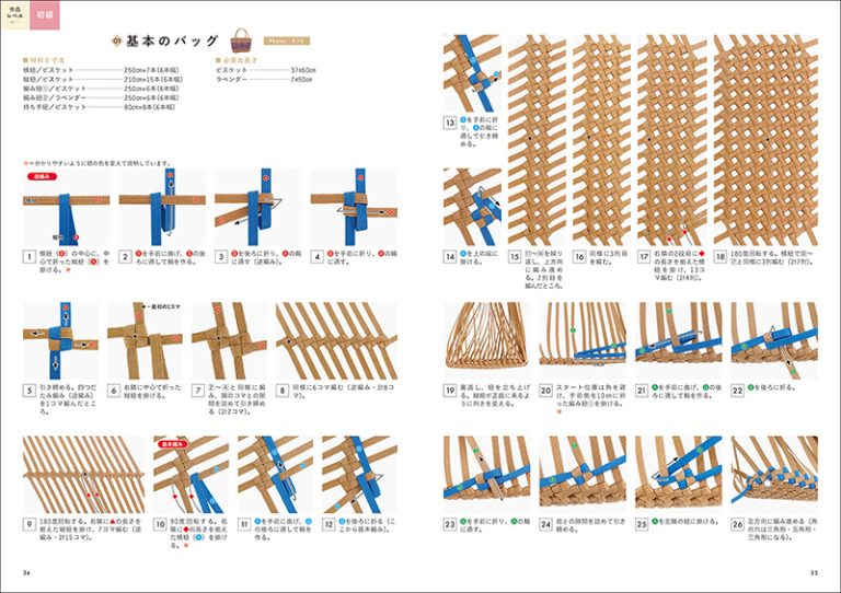 四つだたみ編みをマスターする クラフトバンドのバッグとかご.   Mastering the Knot Weave: Craft Band Bags and Baskets